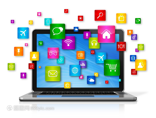 3D笔记本电脑与飞行应用程序图标的独特融合