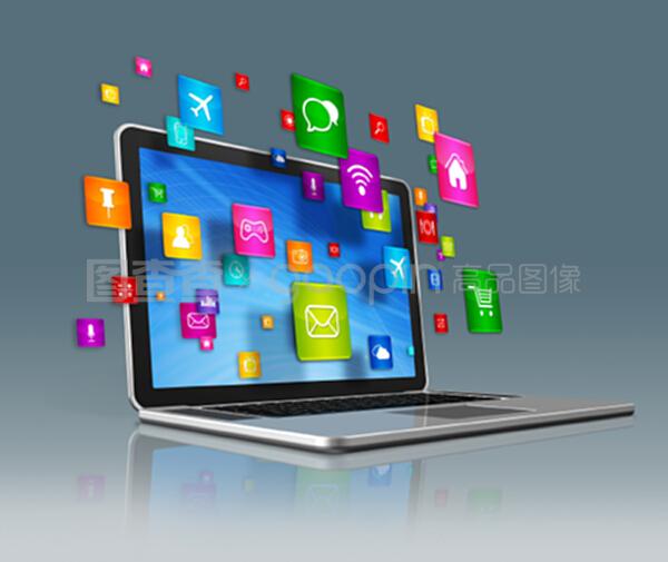 灰色背景下的笔记本电脑与飞行应用程序图标 计算机应用的智能化变革